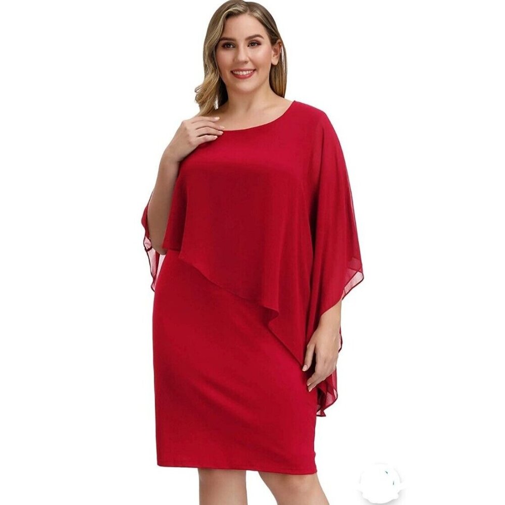 Hanna Nikole Womens Plus 20W Red Cape Dress Chiffon Overlay Bodycon Pencil NEW
